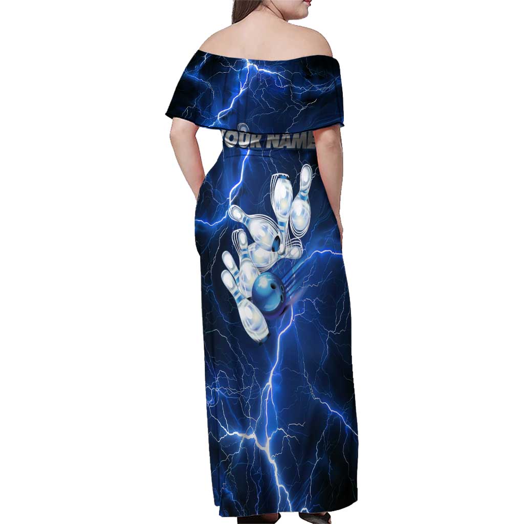 Blue Lightning Bowling Hoodie Family Matching Off Shoulder Maxi Dress and Hawaiian Shirt with Striking Ball and Pins Graphic and Custom Name Design - Wonder Print Shop