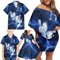 Blue Lightning Bowling Hoodie Family Matching Off Shoulder Short Dress and Hawaiian Shirt with Striking Ball and Pins Graphic and Custom Name Design - Wonder Print Shop