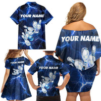 Blue Lightning Bowling Hoodie Family Matching Off Shoulder Short Dress and Hawaiian Shirt with Striking Ball and Pins Graphic and Custom Name Design - Wonder Print Shop