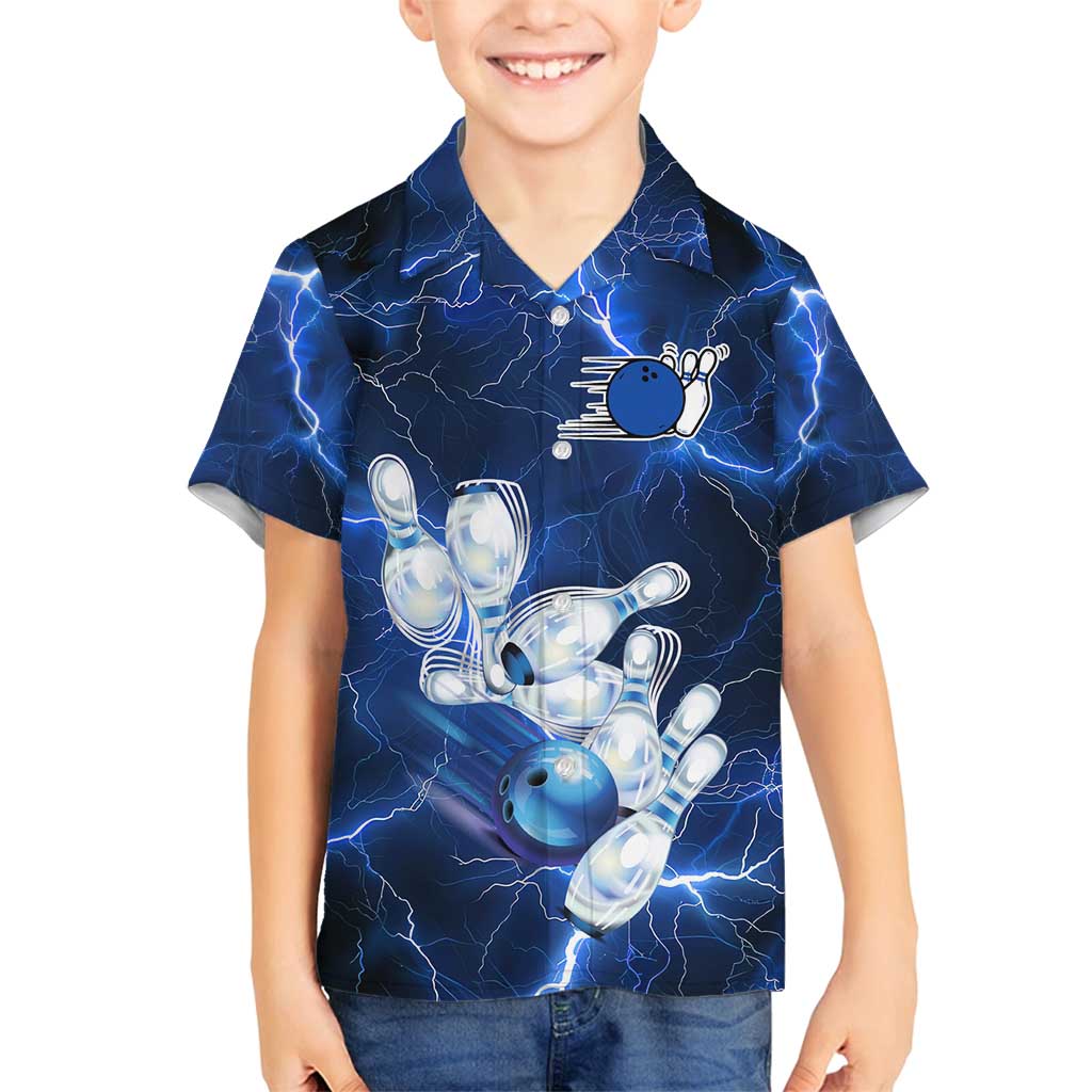 Blue Lightning Bowling Hoodie Family Matching Off Shoulder Short Dress and Hawaiian Shirt with Striking Ball and Pins Graphic and Custom Name Design - Wonder Print Shop