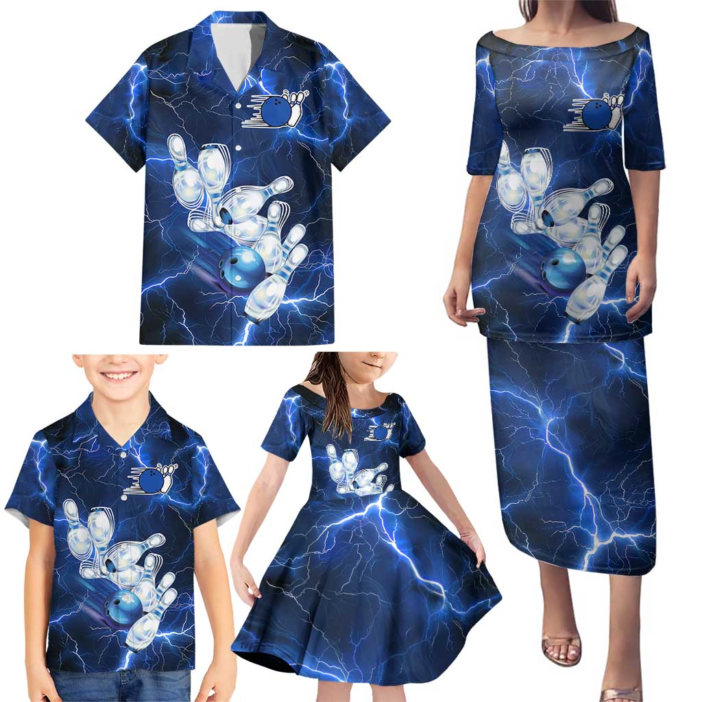 Blue Lightning Bowling Hoodie Family Matching Puletasi and Hawaiian Shirt with Striking Ball and Pins Graphic and Custom Name Design - Wonder Print Shop