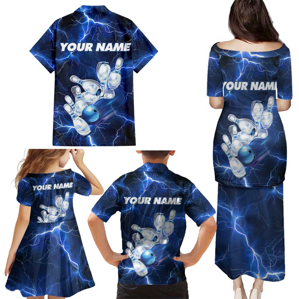 Blue Lightning Bowling Hoodie Family Matching Puletasi and Hawaiian Shirt with Striking Ball and Pins Graphic and Custom Name Design - Wonder Print Shop