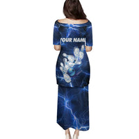 Blue Lightning Bowling Hoodie Family Matching Puletasi and Hawaiian Shirt with Striking Ball and Pins Graphic and Custom Name Design - Wonder Print Shop