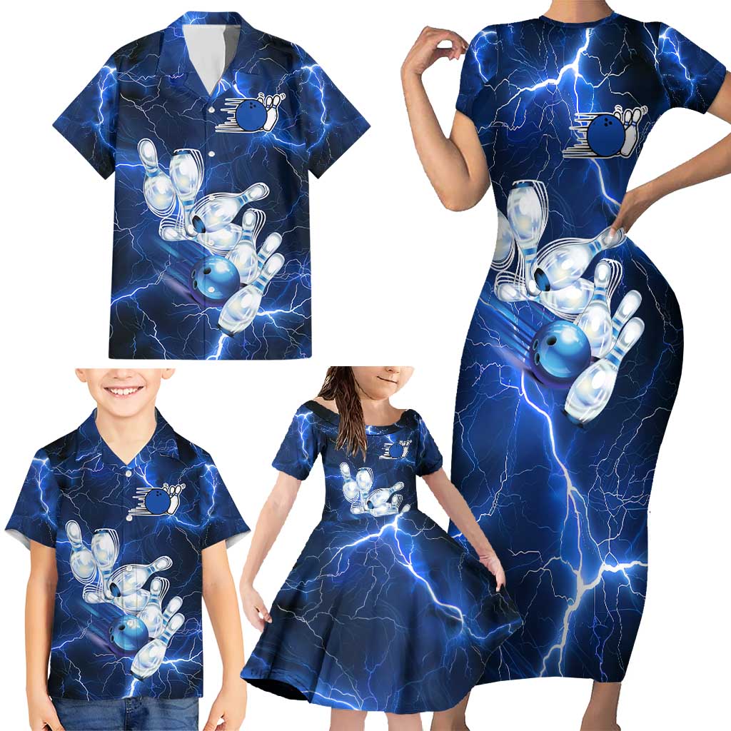 Blue Lightning Bowling Hoodie Family Matching Short Sleeve Bodycon Dress and Hawaiian Shirt with Striking Ball and Pins Graphic and Custom Name Design - Wonder Print Shop