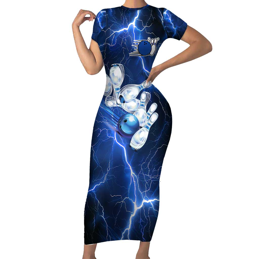 Blue Lightning Bowling Hoodie Family Matching Short Sleeve Bodycon Dress and Hawaiian Shirt with Striking Ball and Pins Graphic and Custom Name Design - Wonder Print Shop