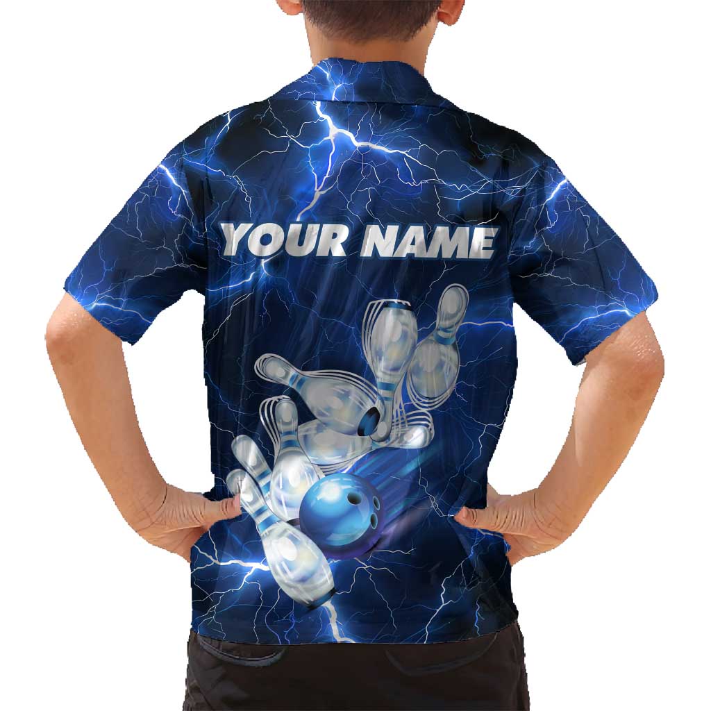 Blue Lightning Bowling Hoodie Family Matching Summer Maxi Dress and Hawaiian Shirt with Striking Ball and Pins Graphic and Custom Name Design - Wonder Print Shop