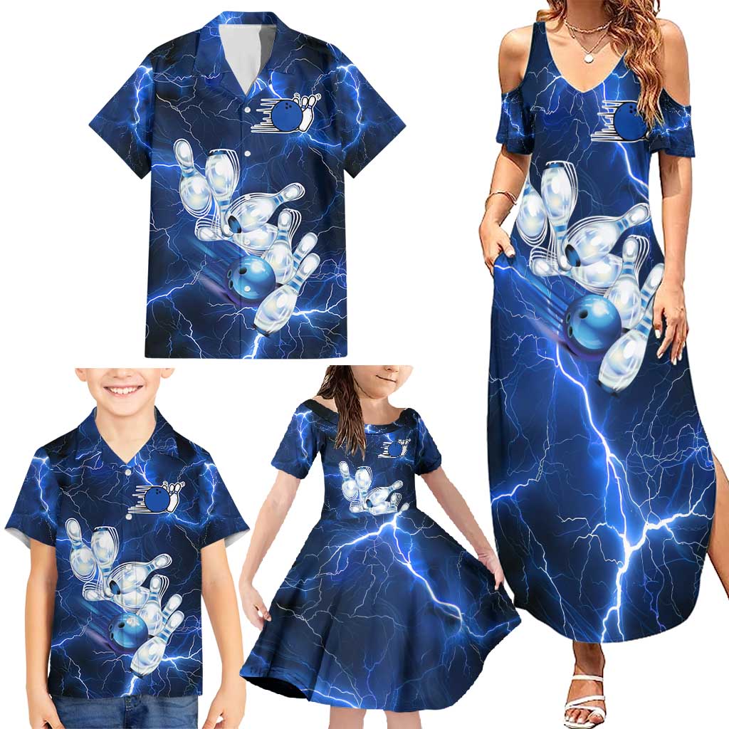 Blue Lightning Bowling Hoodie Family Matching Summer Maxi Dress and Hawaiian Shirt with Striking Ball and Pins Graphic and Custom Name Design - Wonder Print Shop