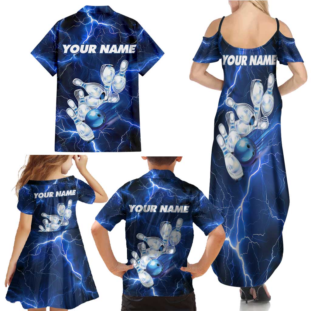 Blue Lightning Bowling Hoodie Family Matching Summer Maxi Dress and Hawaiian Shirt with Striking Ball and Pins Graphic and Custom Name Design - Wonder Print Shop