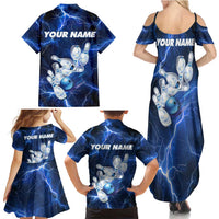 Blue Lightning Bowling Hoodie Family Matching Summer Maxi Dress and Hawaiian Shirt with Striking Ball and Pins Graphic and Custom Name Design - Wonder Print Shop