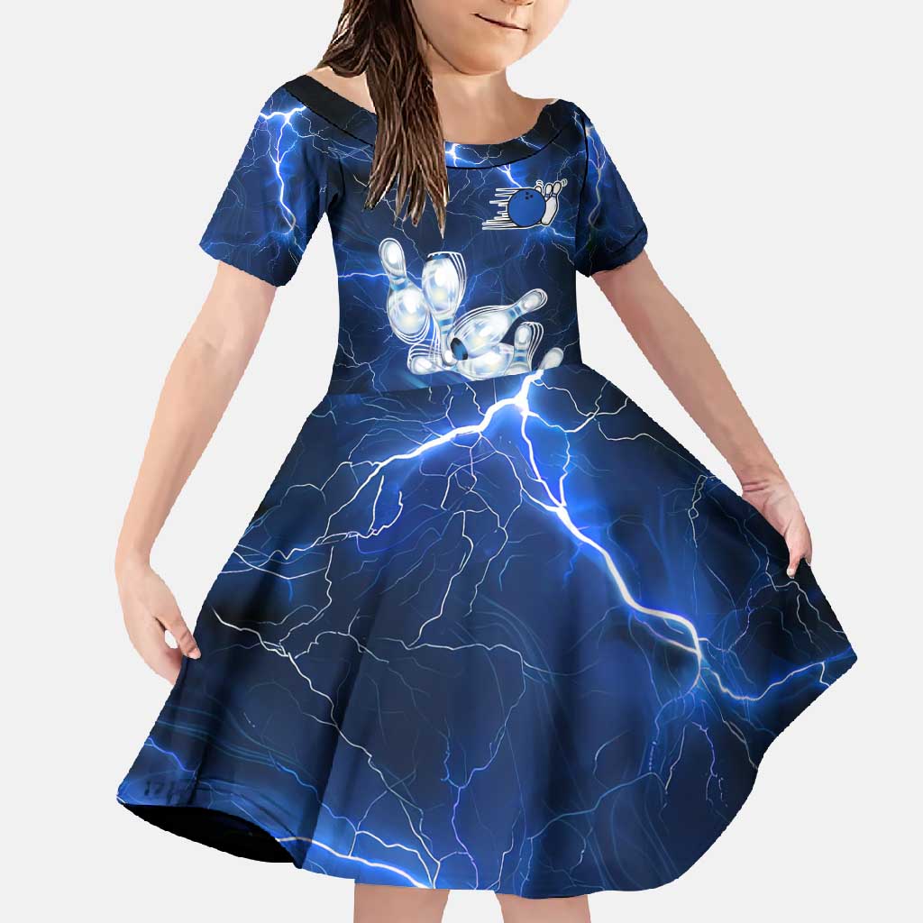 Blue Lightning Bowling Hoodie Family Matching Tank Maxi Dress and Hawaiian Shirt with Striking Ball and Pins Graphic and Custom Name Design - Wonder Print Shop