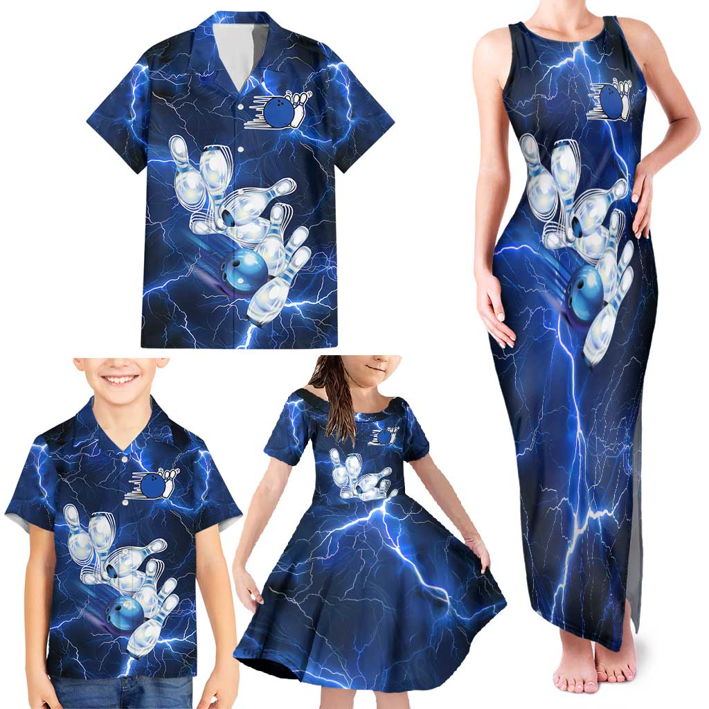 Blue Lightning Bowling Hoodie Family Matching Tank Maxi Dress and Hawaiian Shirt with Striking Ball and Pins Graphic and Custom Name Design - Wonder Print Shop