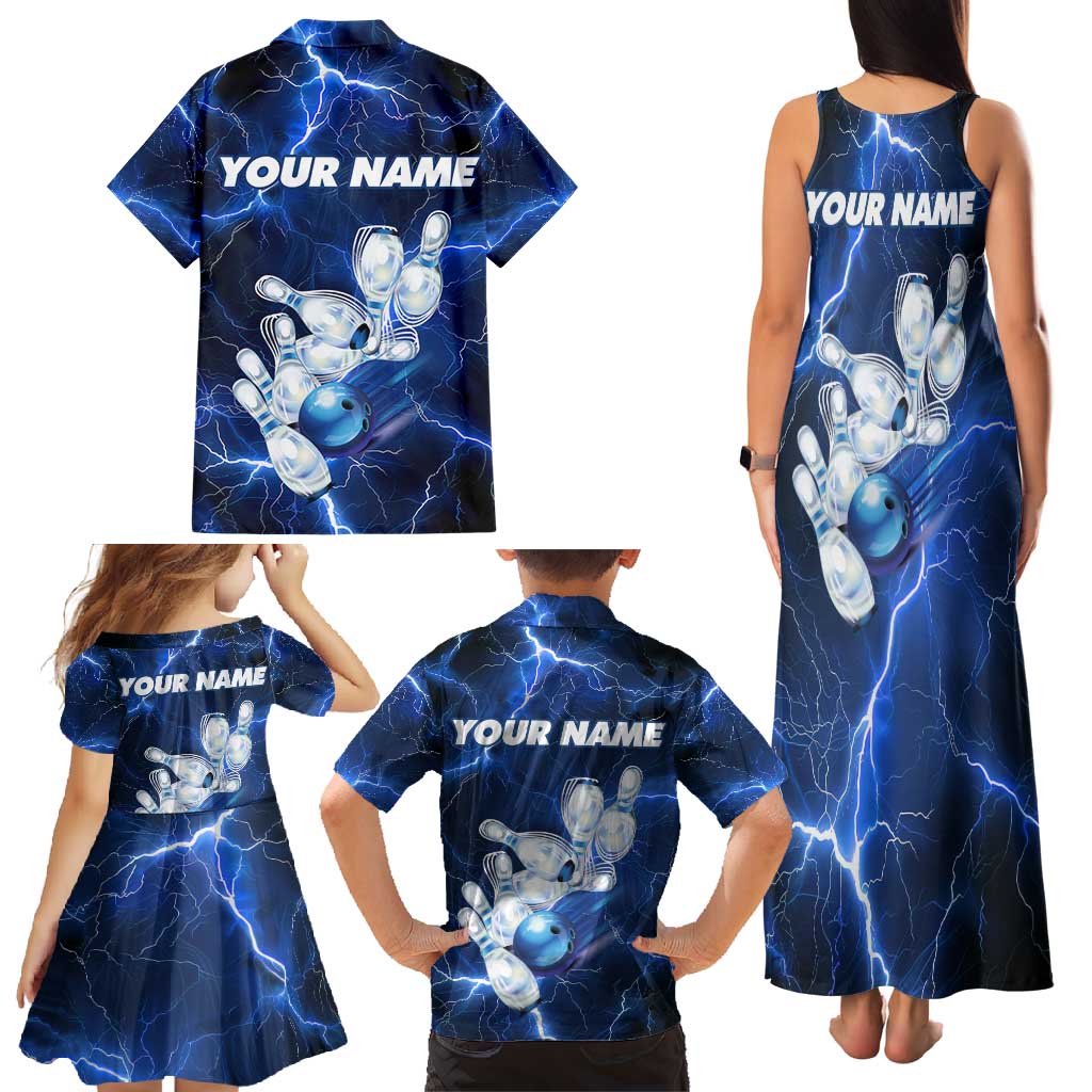 Blue Lightning Bowling Hoodie Family Matching Tank Maxi Dress and Hawaiian Shirt with Striking Ball and Pins Graphic and Custom Name Design - Wonder Print Shop