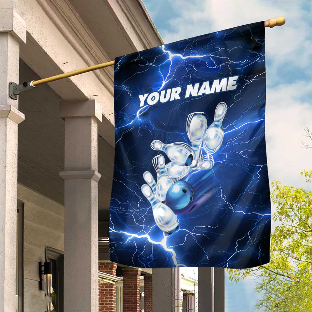 Blue Lightning Bowling Hoodie Garden Flag with Striking Ball and Pins Graphic and Custom Name Design - Wonder Print Shop