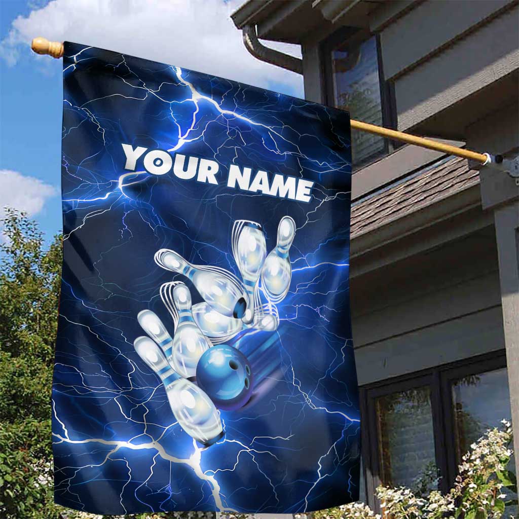 Blue Lightning Bowling Hoodie Garden Flag with Striking Ball and Pins Graphic and Custom Name Design - Wonder Print Shop