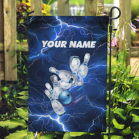Blue Lightning Bowling Hoodie Garden Flag with Striking Ball and Pins Graphic and Custom Name Design - Wonder Print Shop