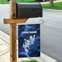 Blue Lightning Bowling Hoodie Garden Flag with Striking Ball and Pins Graphic and Custom Name Design - Wonder Print Shop