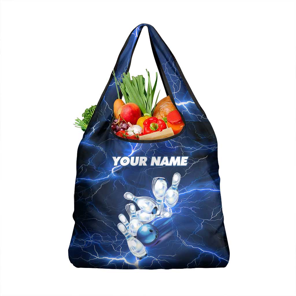 Blue Lightning Bowling Hoodie Grocery Bag with Striking Ball and Pins Graphic and Custom Name Design - Wonder Print Shop