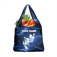 Blue Lightning Bowling Hoodie Grocery Bag with Striking Ball and Pins Graphic and Custom Name Design - Wonder Print Shop