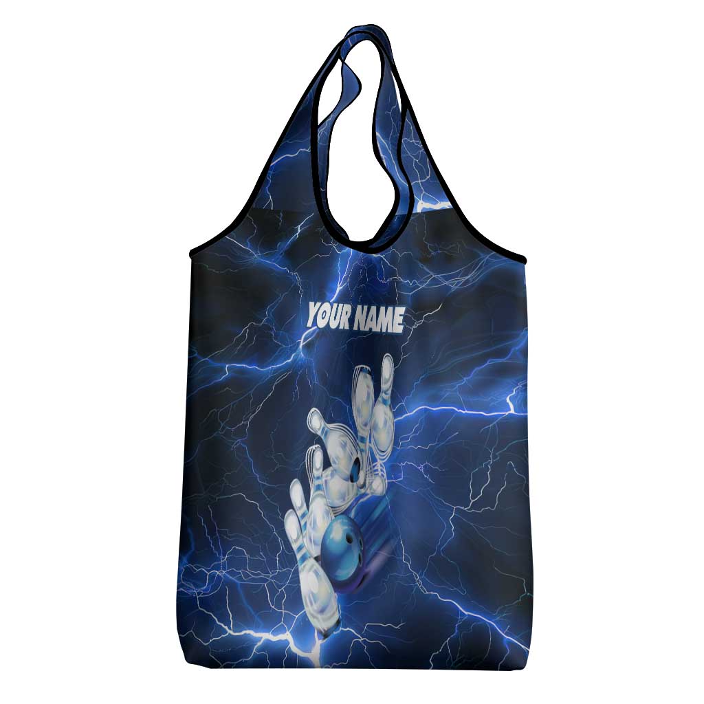 Blue Lightning Bowling Hoodie Grocery Bag with Striking Ball and Pins Graphic and Custom Name Design - Wonder Print Shop