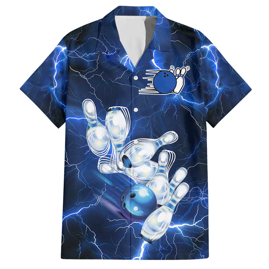 Blue Lightning Bowling Hoodie Hawaiian Shirt with Striking Ball and Pins Graphic and Custom Name Design - Wonder Print Shop