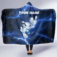Blue Lightning Bowling Hoodie Hooded Blanket with Striking Ball and Pins Graphic and Custom Name Design - Wonder Print Shop