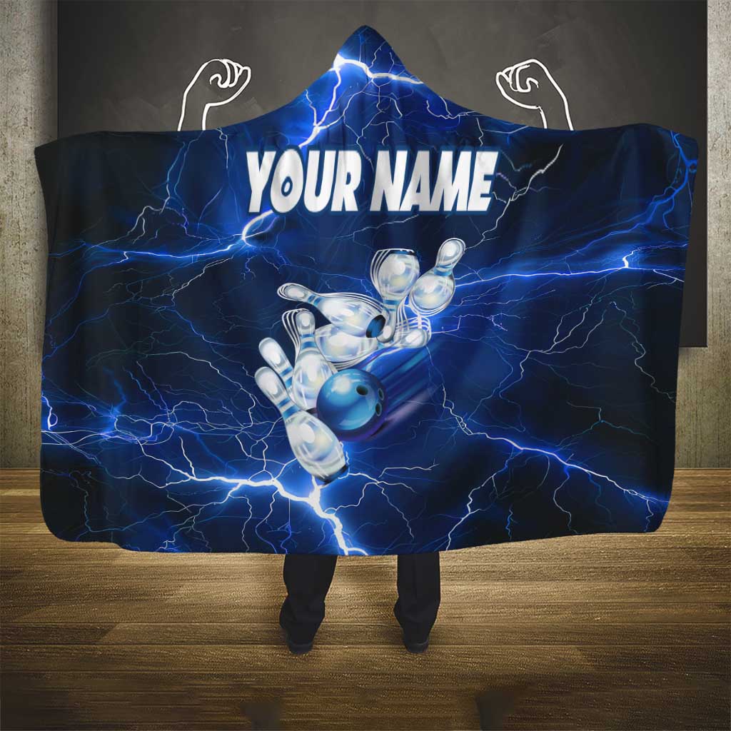 Blue Lightning Bowling Hoodie Hooded Blanket with Striking Ball and Pins Graphic and Custom Name Design - Wonder Print Shop