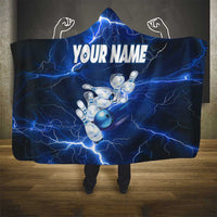 Blue Lightning Bowling Hoodie Hooded Blanket with Striking Ball and Pins Graphic and Custom Name Design - Wonder Print Shop