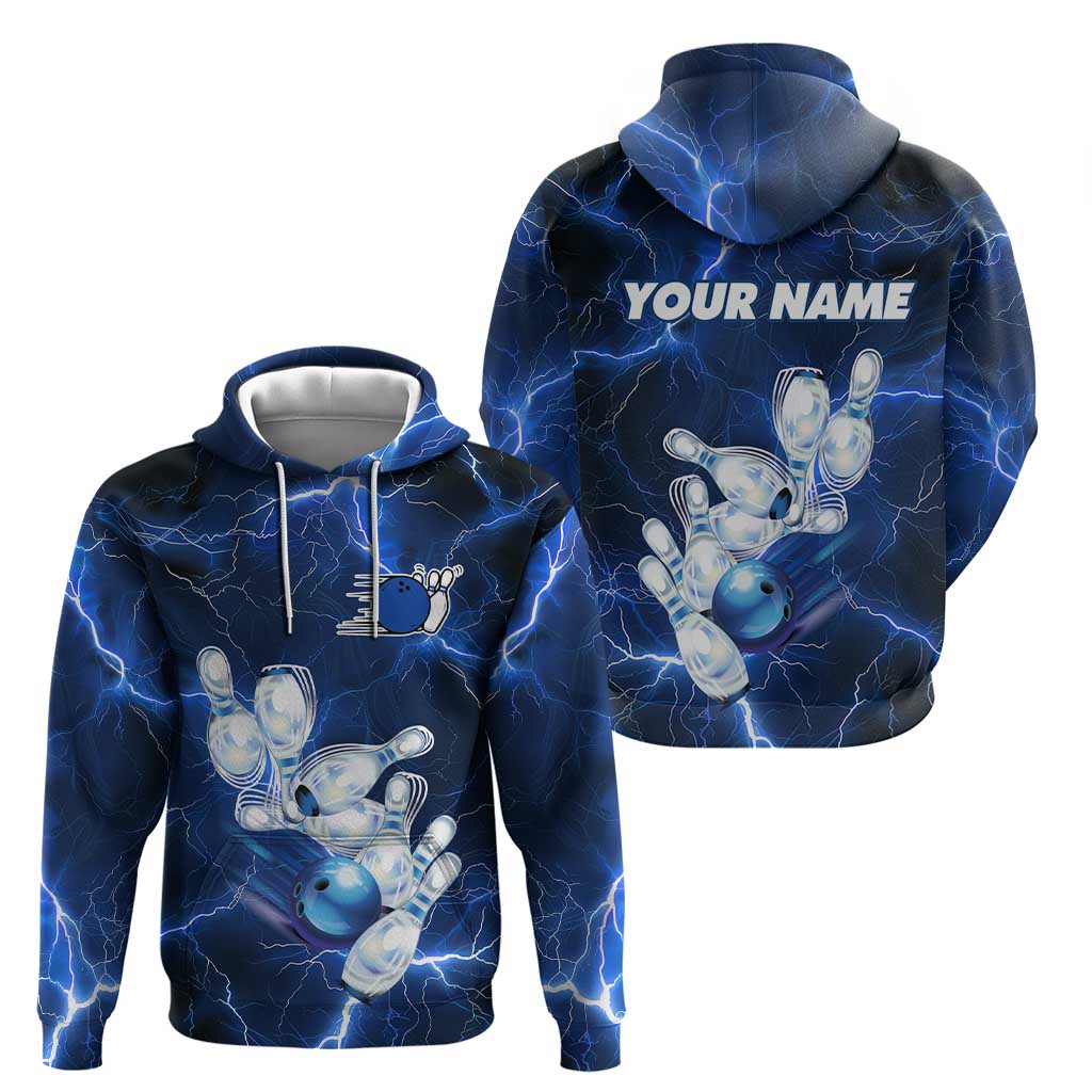 Blue Lightning Bowling Hoodie Hoodie with Striking Ball and Pins Graphic and Custom Name Design - Wonder Print Shop