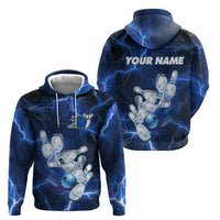 Blue Lightning Bowling Hoodie Hoodie with Striking Ball and Pins Graphic and Custom Name Design - Wonder Print Shop