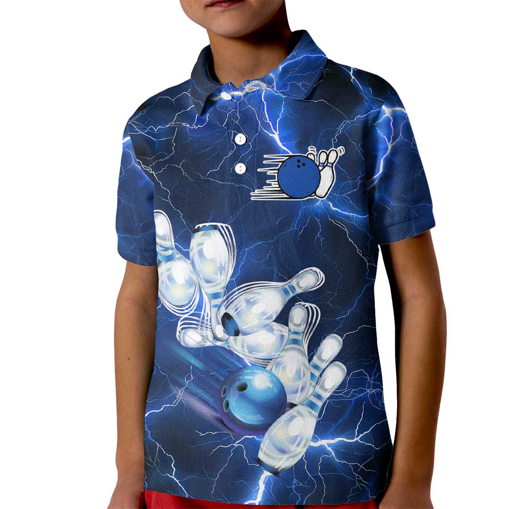 Blue Lightning Bowling Hoodie Kid Polo Shirt with Striking Ball and Pins Graphic and Custom Name Design - Wonder Print Shop