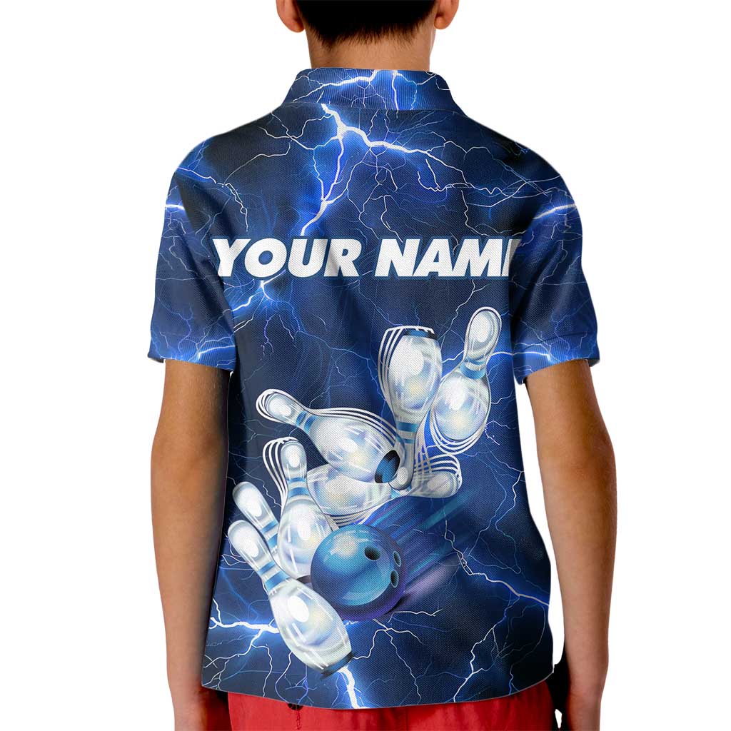 Blue Lightning Bowling Hoodie Kid Polo Shirt with Striking Ball and Pins Graphic and Custom Name Design - Wonder Print Shop