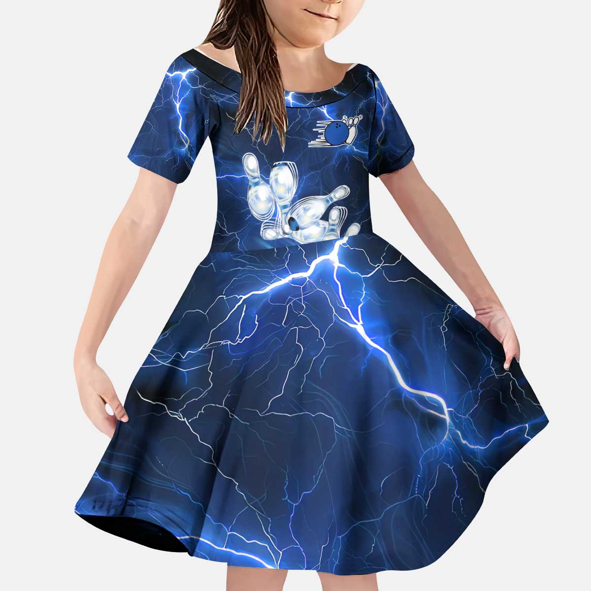 Blue Lightning Bowling Hoodie Kid Short Sleeve Dress with Striking Ball and Pins Graphic and Custom Name Design - Wonder Print Shop
