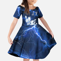 Blue Lightning Bowling Hoodie Kid Short Sleeve Dress with Striking Ball and Pins Graphic and Custom Name Design - Wonder Print Shop