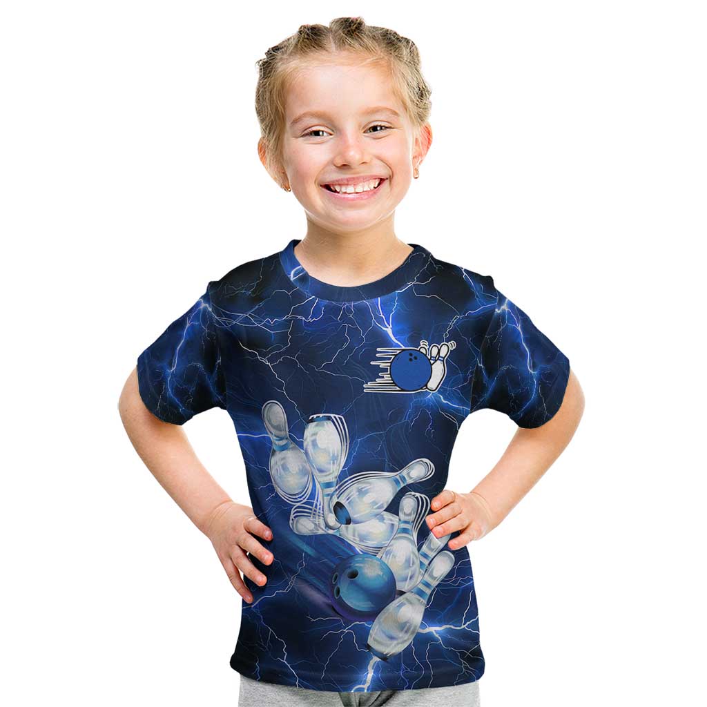 Blue Lightning Bowling Hoodie Kid T Shirt with Striking Ball and Pins Graphic and Custom Name Design - Wonder Print Shop