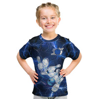 Blue Lightning Bowling Hoodie Kid T Shirt with Striking Ball and Pins Graphic and Custom Name Design - Wonder Print Shop