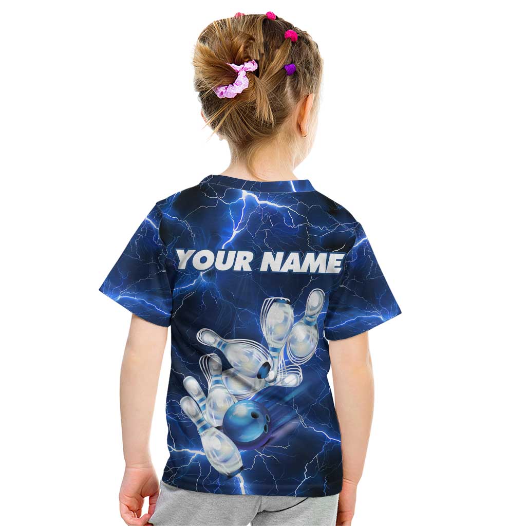 Blue Lightning Bowling Hoodie Kid T Shirt with Striking Ball and Pins Graphic and Custom Name Design - Wonder Print Shop