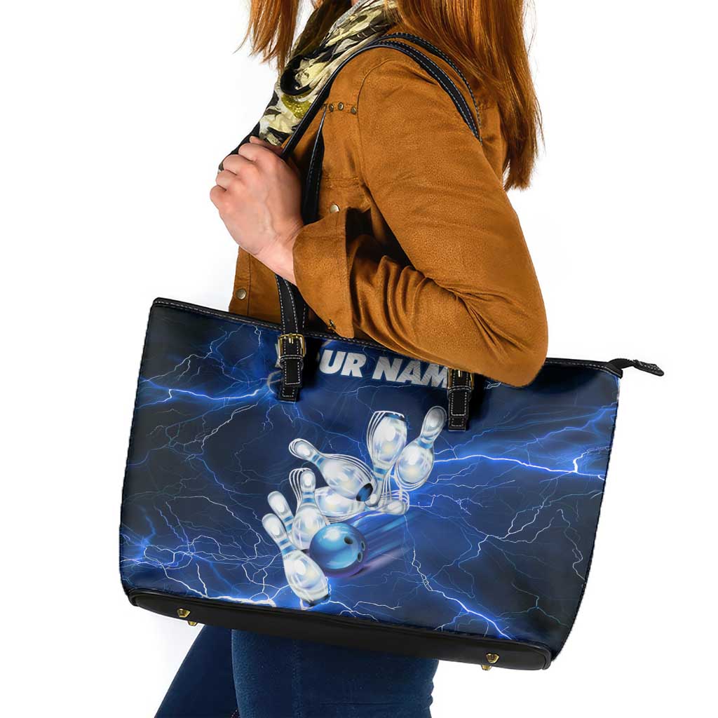 Blue Lightning Bowling Hoodie Leather Tote Bag with Striking Ball and Pins Graphic and Custom Name Design - Wonder Print Shop