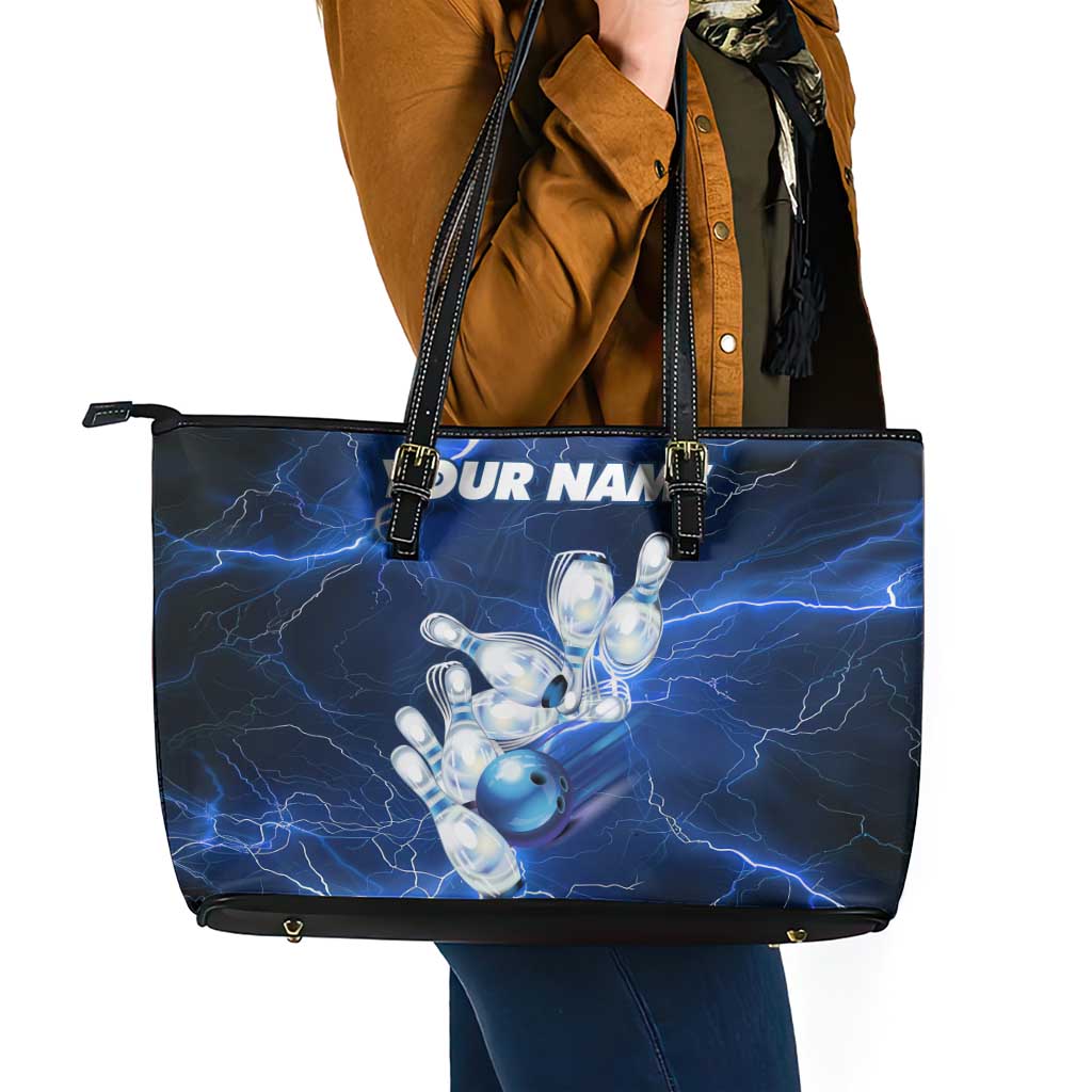 Blue Lightning Bowling Hoodie Leather Tote Bag with Striking Ball and Pins Graphic and Custom Name Design - Wonder Print Shop
