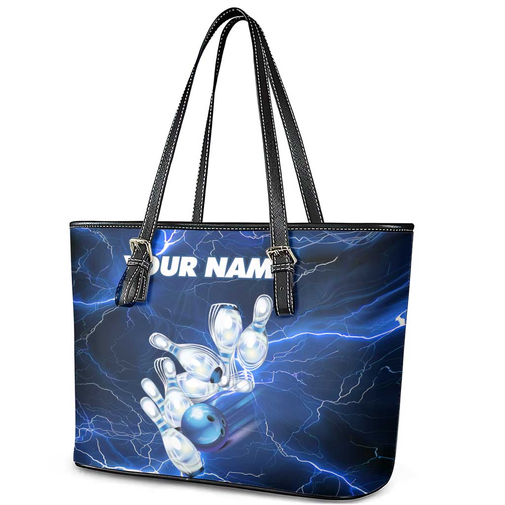 Blue Lightning Bowling Hoodie Leather Tote Bag with Striking Ball and Pins Graphic and Custom Name Design - Wonder Print Shop