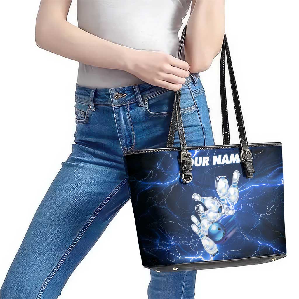 Blue Lightning Bowling Hoodie Leather Tote Bag with Striking Ball and Pins Graphic and Custom Name Design - Wonder Print Shop