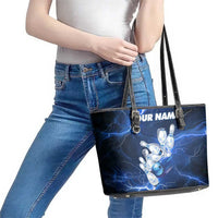 Blue Lightning Bowling Hoodie Leather Tote Bag with Striking Ball and Pins Graphic and Custom Name Design - Wonder Print Shop