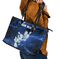 Blue Lightning Bowling Hoodie Leather Tote Bag with Striking Ball and Pins Graphic and Custom Name Design - Wonder Print Shop