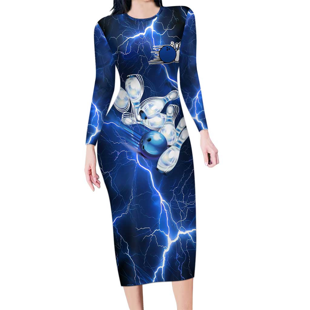 Blue Lightning Bowling Hoodie Long Sleeve Bodycon Dress with Striking Ball and Pins Graphic and Custom Name Design - Wonder Print Shop