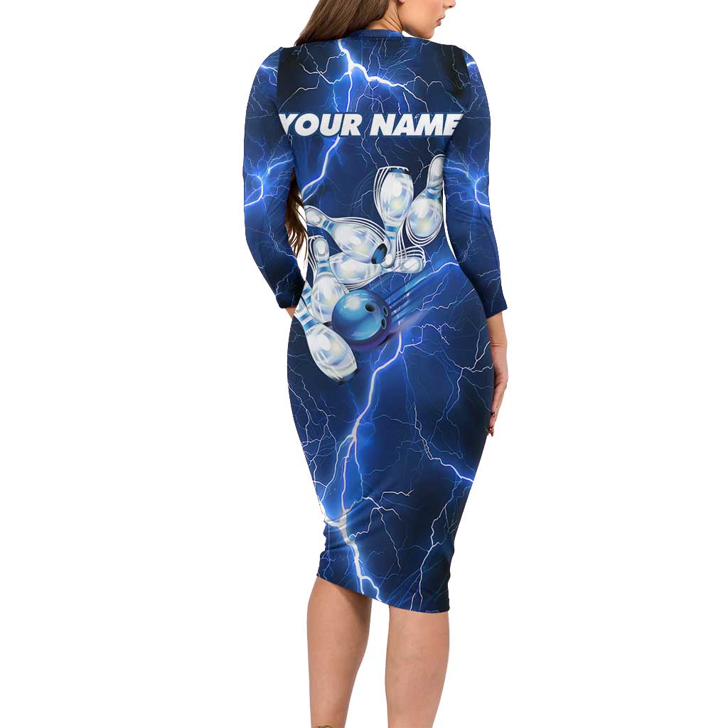 Blue Lightning Bowling Hoodie Long Sleeve Bodycon Dress with Striking Ball and Pins Graphic and Custom Name Design - Wonder Print Shop