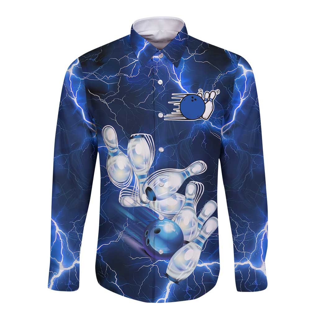 Blue Lightning Bowling Hoodie Long Sleeve Button Shirt with Striking Ball and Pins Graphic and Custom Name Design - Wonder Print Shop