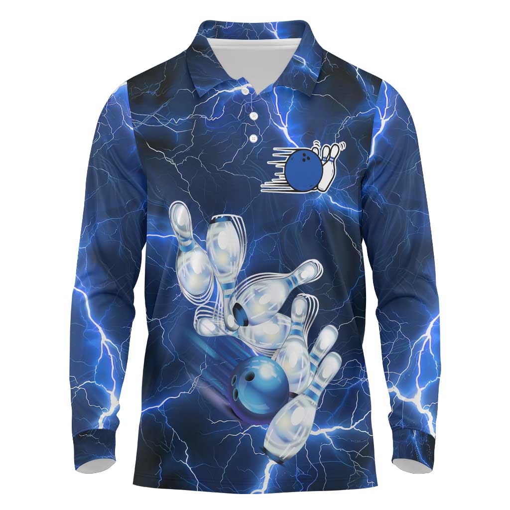 Blue Lightning Bowling Hoodie Long Sleeve Polo Shirt with Striking Ball and Pins Graphic and Custom Name Design - Wonder Print Shop