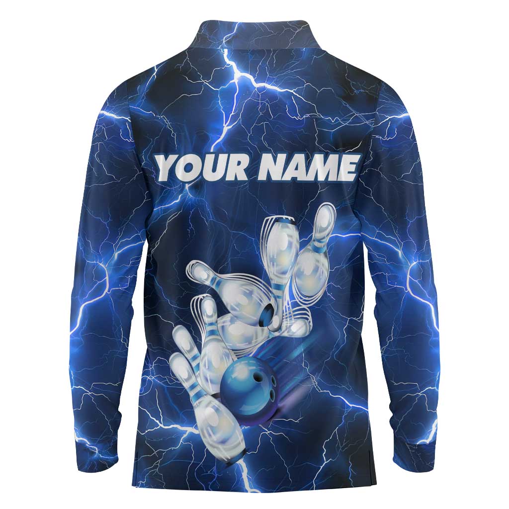 Blue Lightning Bowling Hoodie Long Sleeve Polo Shirt with Striking Ball and Pins Graphic and Custom Name Design - Wonder Print Shop
