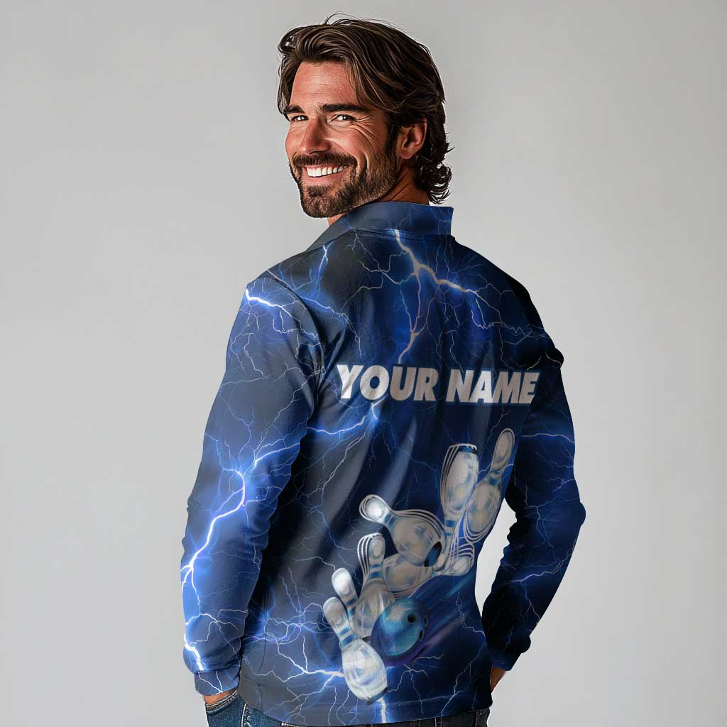 Blue Lightning Bowling Hoodie Long Sleeve Polo Shirt with Striking Ball and Pins Graphic and Custom Name Design - Wonder Print Shop