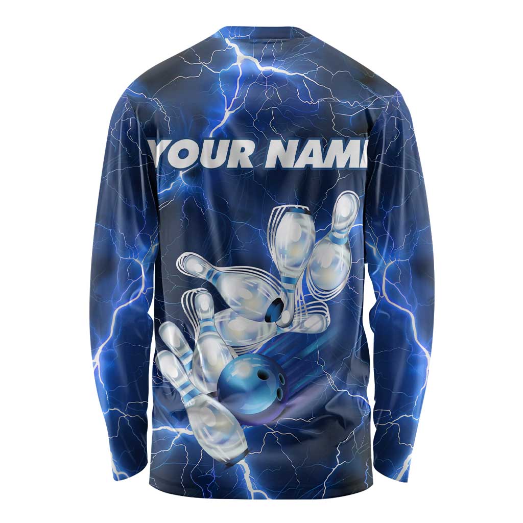 Blue Lightning Bowling Hoodie Long Sleeve Shirt with Striking Ball and Pins Graphic and Custom Name Design - Wonder Print Shop