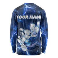 Blue Lightning Bowling Hoodie Long Sleeve Shirt with Striking Ball and Pins Graphic and Custom Name Design - Wonder Print Shop